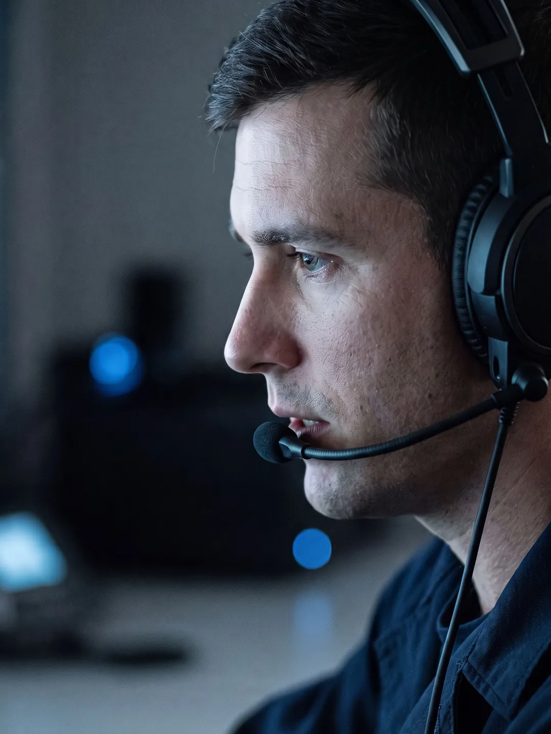 A remote pilot speaking into a headset microphone, lit by the glow of a screen