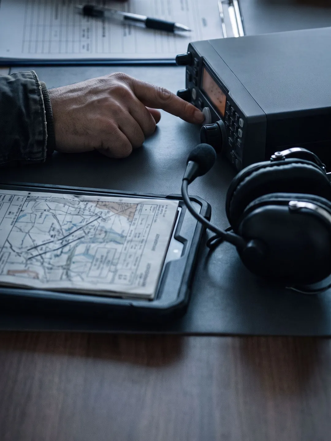 A candidate presses the transmit button on an aviation radio during a practical examination, headset and aerodrome chart beside it