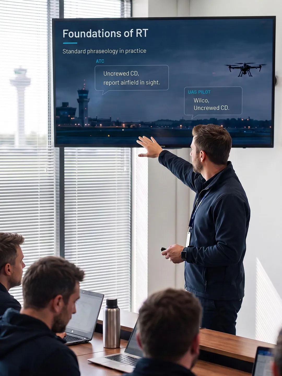 An instructor points to a radiotelephony exercise on a wall screen while trainees follow at their laptops